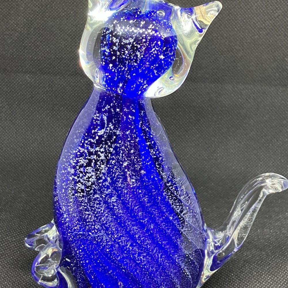 Cobalt blue glass gold flecks glass kitty cat art figure paperweight 6.5 in - Picture 5 of 7